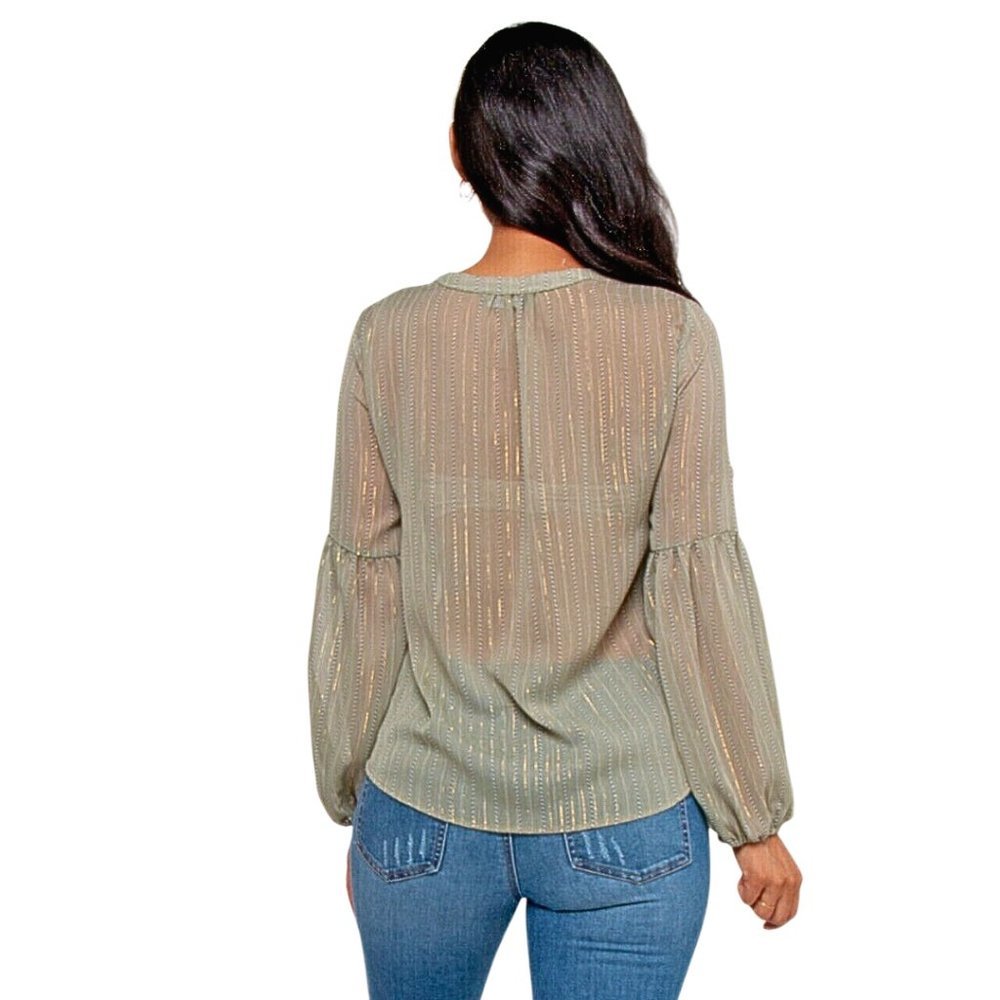 NWT Boho Blouse Sheer Sage Green & Metallic Gold  Top Shirt Puff Sleeve by RBJ - Picture 3 of 4